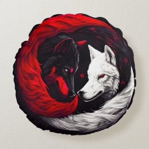 Cojín Redondo Lobo blanco rojo de la luna