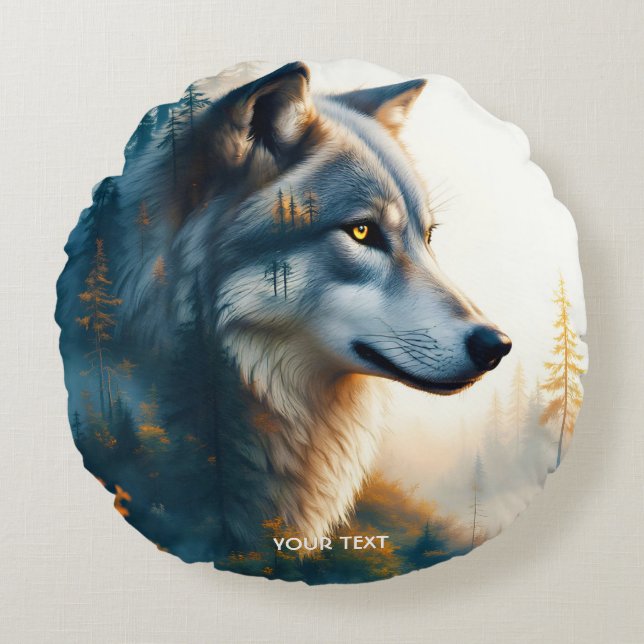Cojín Redondo Lobo de doble exposición de fantasía (Anverso)