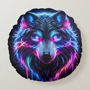 Cojín Redondo Lobo de neón ojos brillantes animal futurista cibe