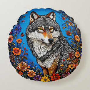 Cojín Redondo Lobo entre flores vibrantes