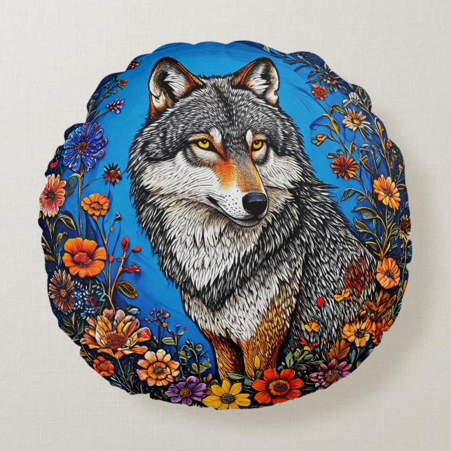 Cojín Redondo Lobo entre flores vibrantes (Anverso)