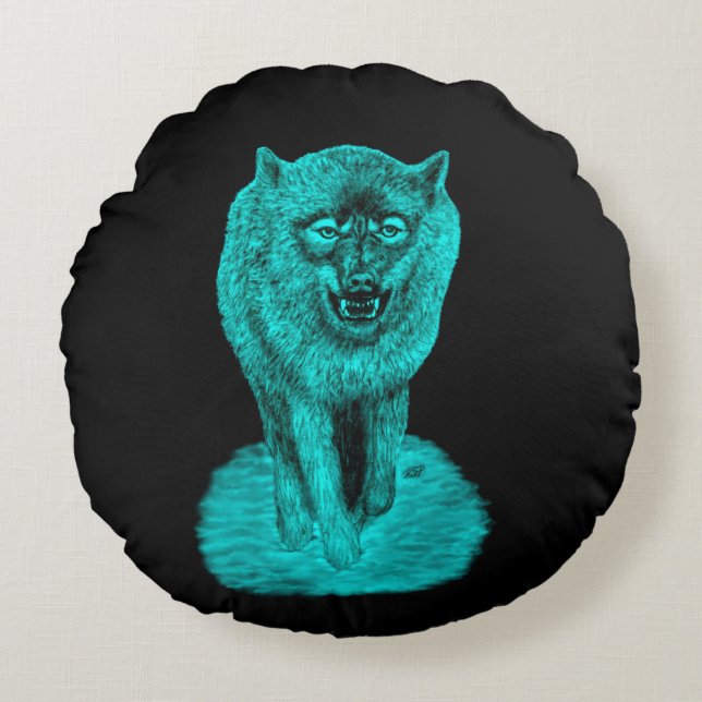 Cojín Redondo Lobo negro enojado en la noche (Anverso)