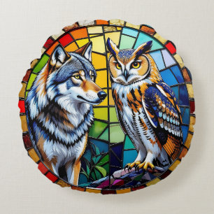 Cojín Redondo Lobo y búho mosaico Vida silvestre vibrante y colo