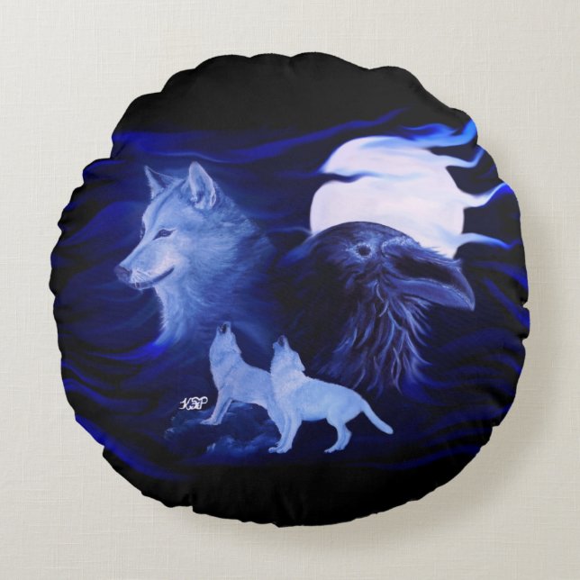 Cojín Redondo Lobos y cuervo con luna llena (Anverso)
