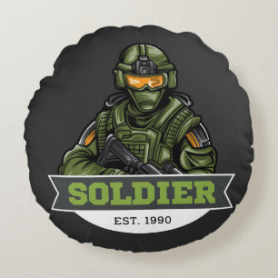 Cojín Redondo Logotipo Táctico de Soldado – Diseño de Emblema Mi