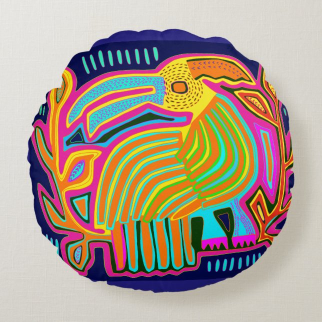 Cojín Redondo Loro de arte folclórico tropical (Anverso)