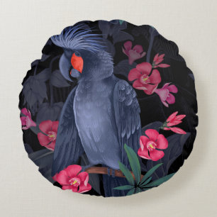 Cojín Redondo Loro negro floral exótico: naturaleza tropical