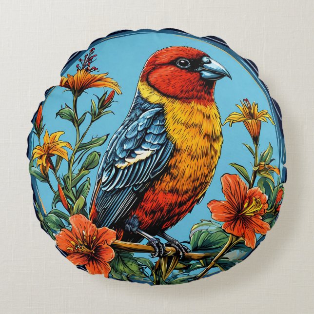 Cojín Redondo Loro picogordo colorido aves silvestres decoración (Anverso)