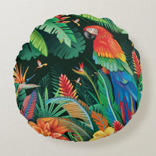 Cojín Redondo Loro tropical: fondo floral exótico.