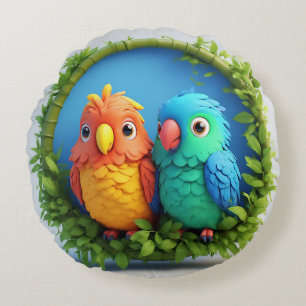 Cojín Redondo Loros de dibujos animados coloridos