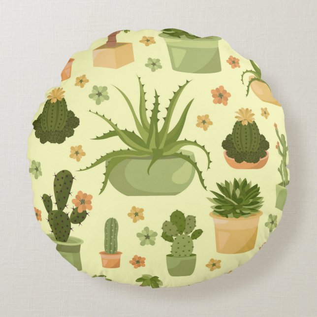 Cojín Redondo Los cactus y suculentos son un patrón sin fisuras. (Anverso)