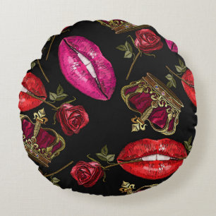 Cojín Redondo Los labios de bordado, los rosas, el patrón de la 
