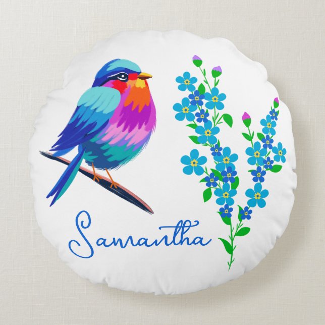 Cojín Redondo Los pájaros azules me olvidan, no las flores (Anverso)