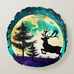 Cojín Redondo Los renos saltan luna llena en el camino