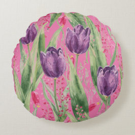 Cojín Redondo Lovely, Purple,Shocking Pink Tulip Flowers Pattern