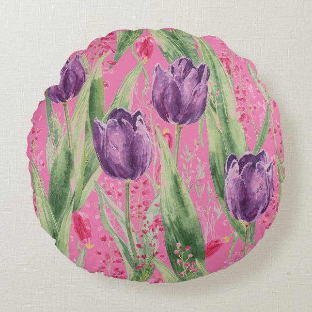 Cojín Redondo Lovely, Purple,Shocking Pink Tulip Flowers Pattern (Anverso)