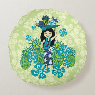 Cojín Redondo Luau de piña chica hawaiana hula reversible