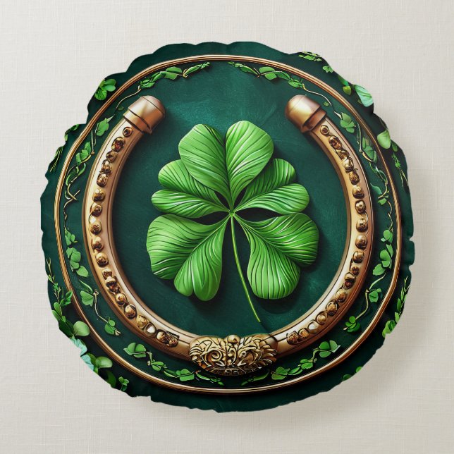 Cojín Redondo Lucky Horseshoe and Clover Design (Anverso)