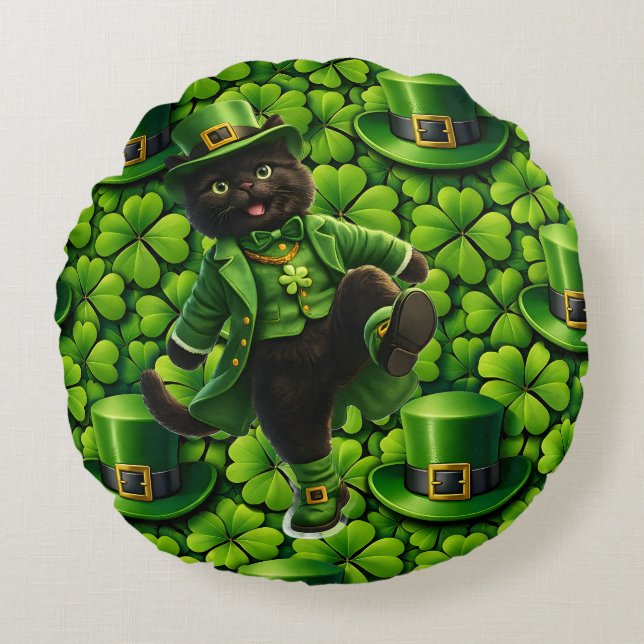 Cojín Redondo Lucky leprechaun black cat Saint Patrick's Day Pat (Anverso)