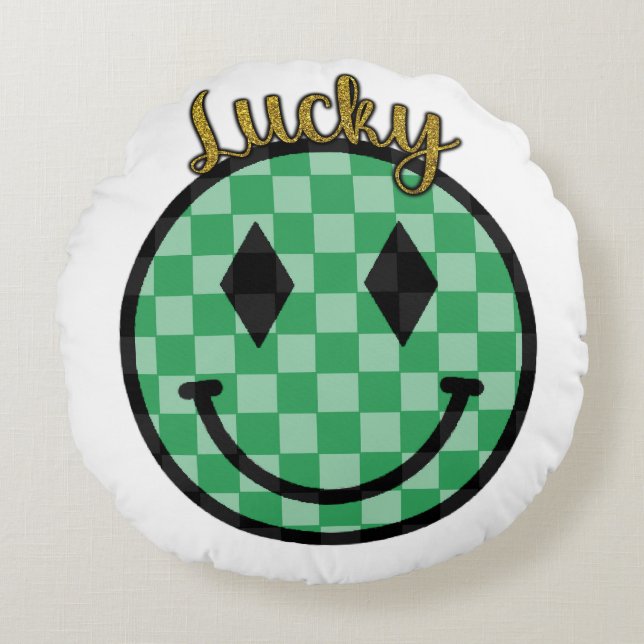 Cojín Redondo Lucky Smiley Face Green Gold Checkered Happy Face (Anverso)