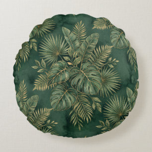 Cojín Redondo Lujo Verde Oro Monstera Palma Botánico Jungla