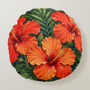 Cojín Redondo Lujosas flores tropicales de hibisco naranja selva