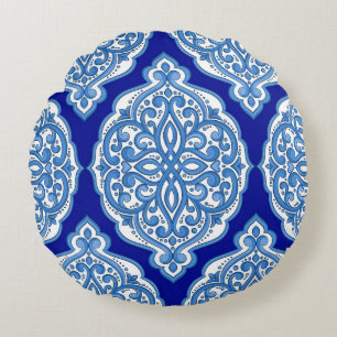 Cojín Redondo Lujoso decorado en blanco y azul turco.