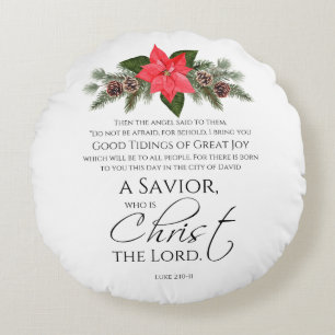 Cojín Redondo Luke 2:10-11 Navidades de Poinsettia Scripture