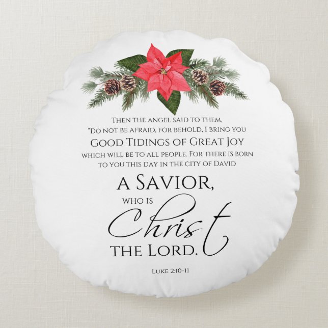 Cojín Redondo Luke 2:10-11 Navidades de Poinsettia Scripture (Anverso)