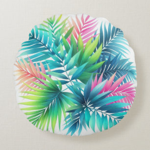 Cojín Redondo Luminosas y coloridas hojas tropicales de palmera
