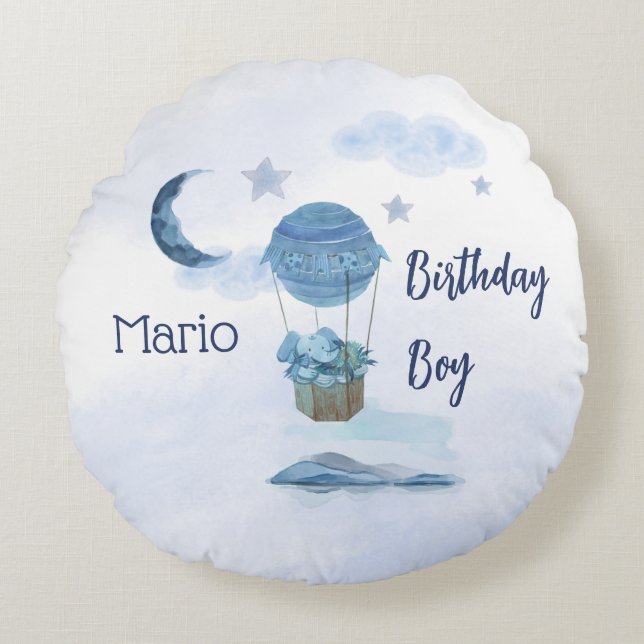 Cojín Redondo Luna azul niño de cumpleaños pequeño elefante (Anverso)