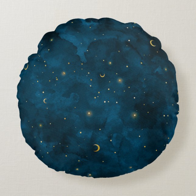 Cojín Redondo Luna Creciente Noche Estrellada Celestial (Anverso)