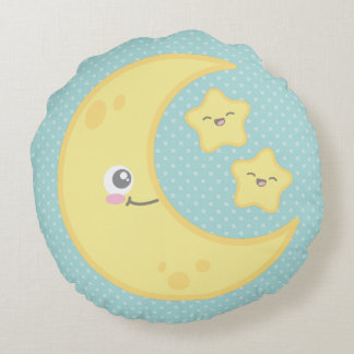 Cojín Redondo Luna de Kawaii y estrellas alrededor de la almohad