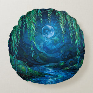 Cojín Redondo Luna de Sauce Sauce Fluyendo Río Verde Azul Noche