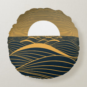 Cojín Redondo Luna de sol estilizada, ilustracion de mar oscuro.
