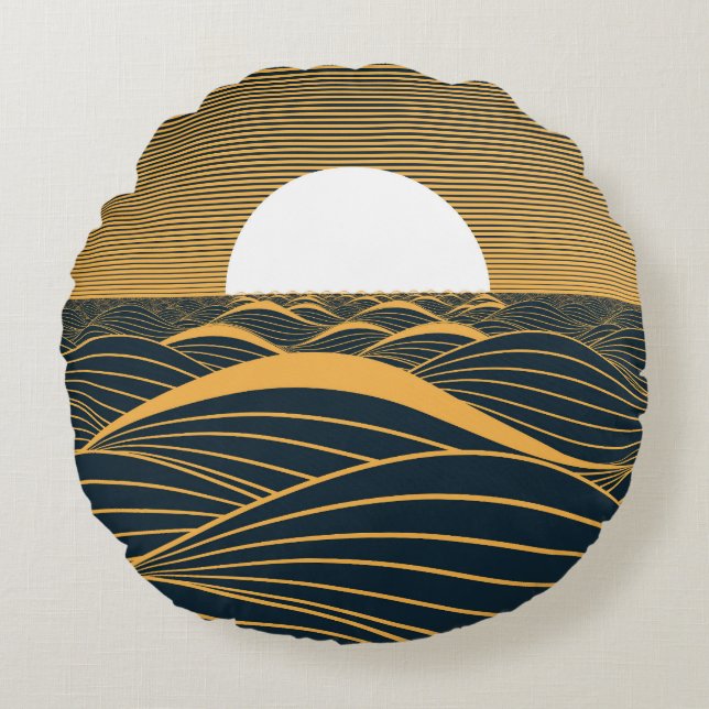 Cojín Redondo Luna de sol estilizada, ilustracion de mar oscuro. (Anverso)