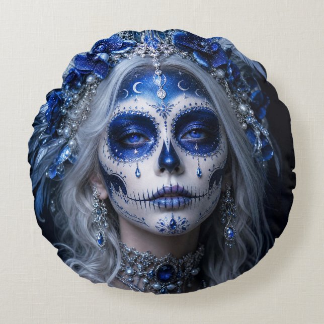 Cojín Redondo Luna de zafiro Calavera – Celestial Azul  (Anverso)