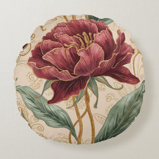 Cojín Redondo Luxurious, Maroon Gold Flowers Design Art  (Anverso)