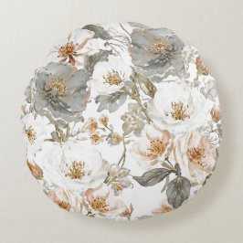 Cojín Redondo Luxury, Elegant, Gold Grey Flowers Pattern 