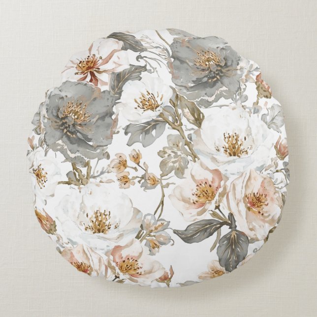 Cojín Redondo Luxury, Elegant, Gold Grey Flowers Pattern  (Anverso)