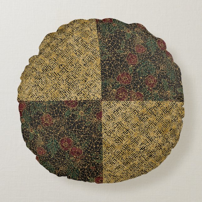 Cojín Redondo Luxury Flowers and Gold Pattern ,Gold Black Red  (Anverso)