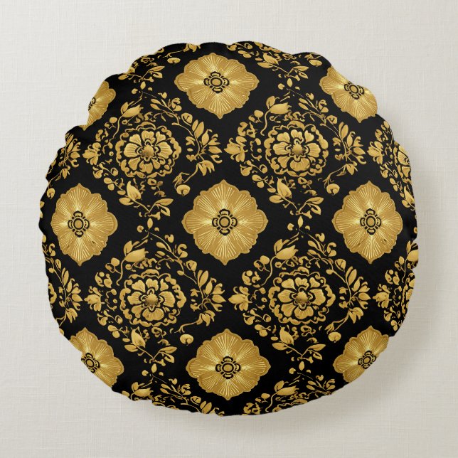 Cojín Redondo Luxury Gold Floral Damask Pattern On Black (Anverso)