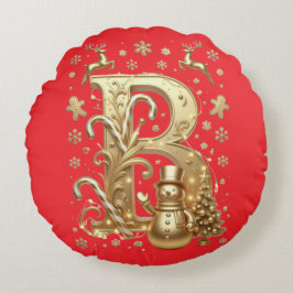 Cojín Redondo Luxury Gold Letter B Snowman Red Round Pillow