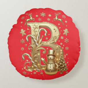 Cojín Redondo Luxury Gold Letter B Snowman Red Round Pillow
