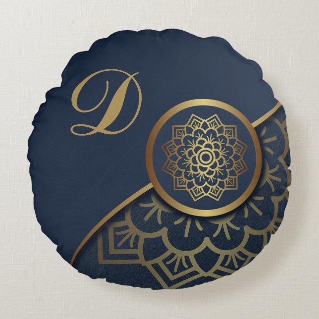 Cojín Redondo Luxury Gold personalizado Mandala Art Blue (Anverso)
