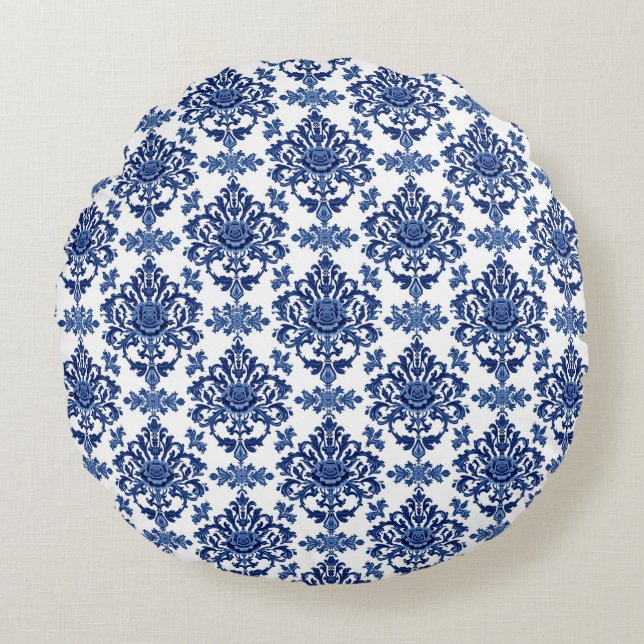 Cojín Redondo Luxury Royal Blue and White Baroque Floral Pattern (Anverso)