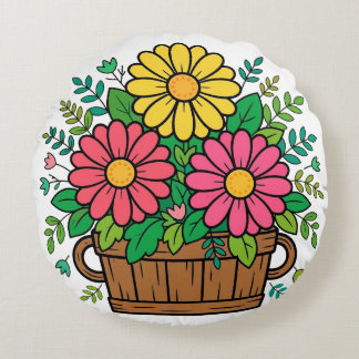 Cojín Redondo Macetero de madera floral retro alegre