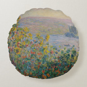 Cojín Redondo Macizos de flores en Vétheuil, paisaje impresionis