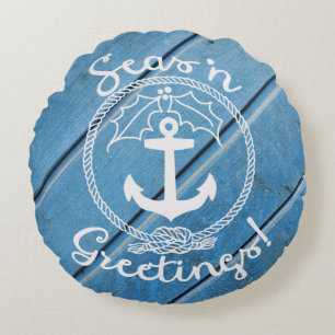 Cojín Redondo Madera Azul Costera   Mares y saludos