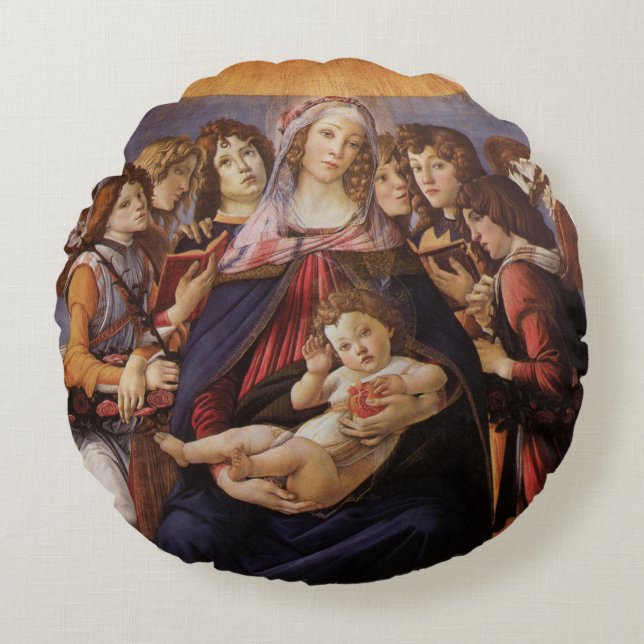 Cojín Redondo Madonna y niño con ángeles por Sandro Botticelli (Anverso)